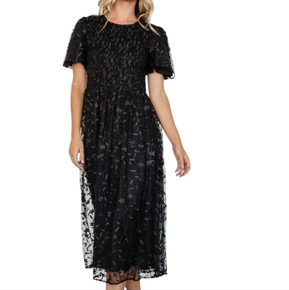 Baltic Born Black Floral Embroidered Tulle Midi Dress